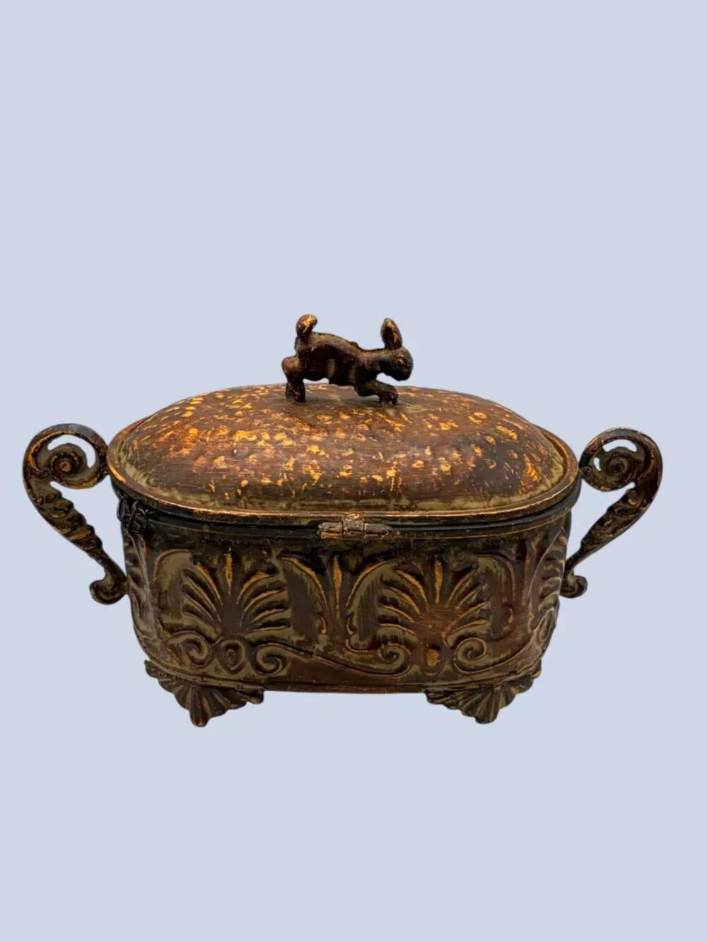 VTG Pier 1 Rustic Metal Rabbit Trinket Box Hinged Decorative Storage Container